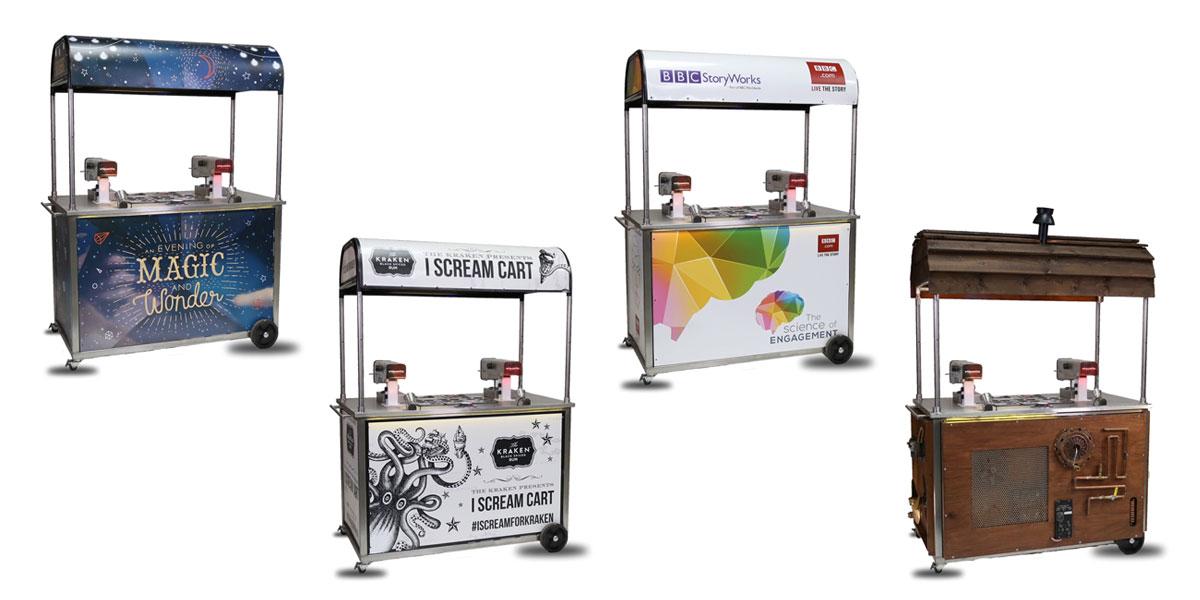 Lineup of four bespoke branded experiential carts including BBC StoryWorks and Kraken Rum