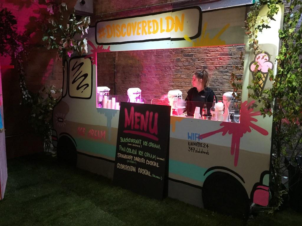 Urban pop-up cocktail bar and alcohol-infused nitrogen ice cream cart at Shoreditch corporate party