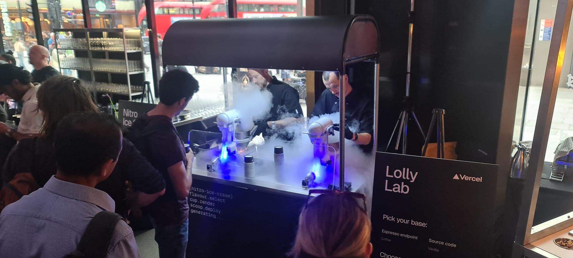 Sixth Sense Events live cryogenic ice cream catering entertaining a large audience at Vercel tech event