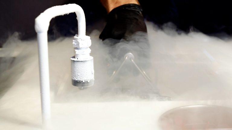 Liquid nitrogen cryogenic valve dispensing -196C nitro vapour into freezing tank