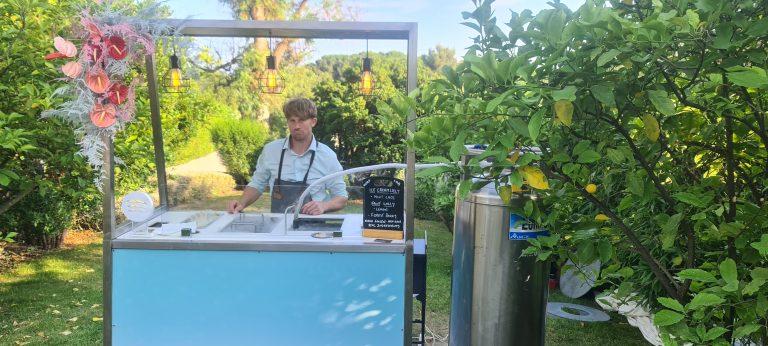 Outdoor garden wedding reception dessert cart styled with floral installations, Edison bulbs, and chef
