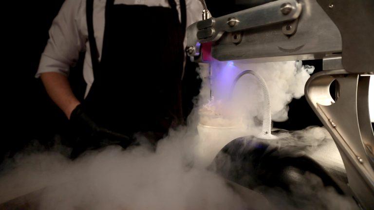 Patented liquid nitrogen ice cream apparatus producing fresh sub-zero ice cream in seconds