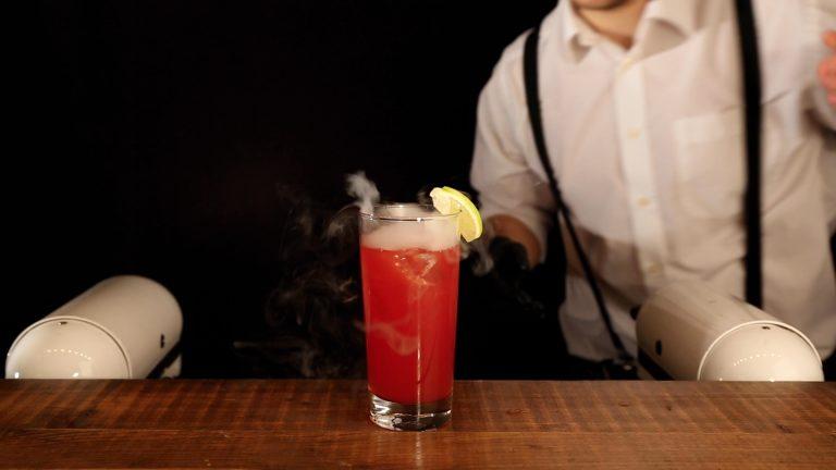 Dry Ice Smoking Hibiscus Highball Cocktail with Gourmet Clear Ice