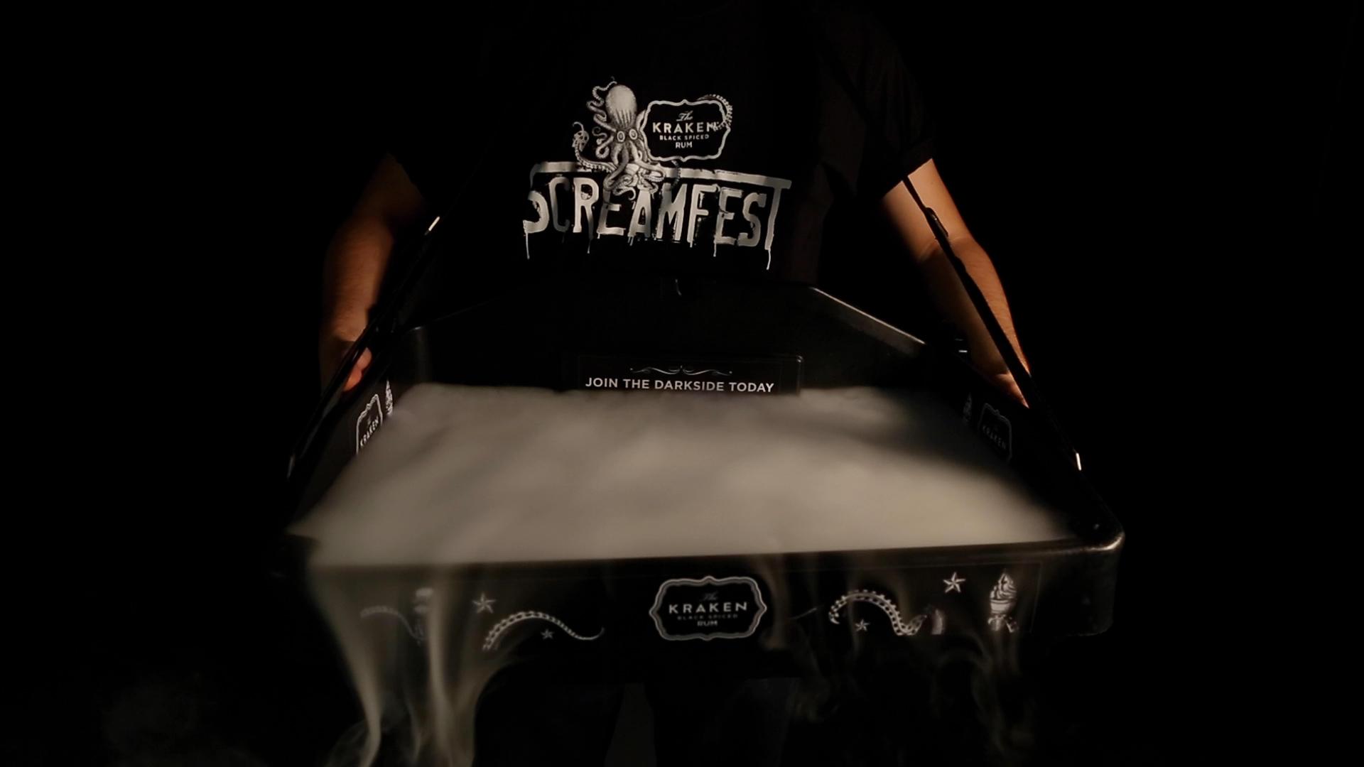 Kraken Rum branded Misty Tray with rolling theatrical mist